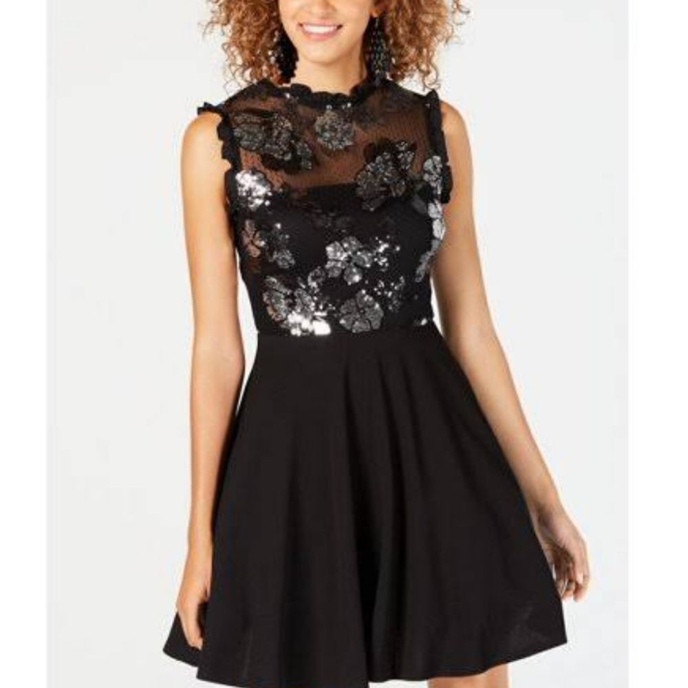 BRAND NEW CITY STUDIOS JUNIORS EMBELLISHED MESH FIT AND FLARE DRESS